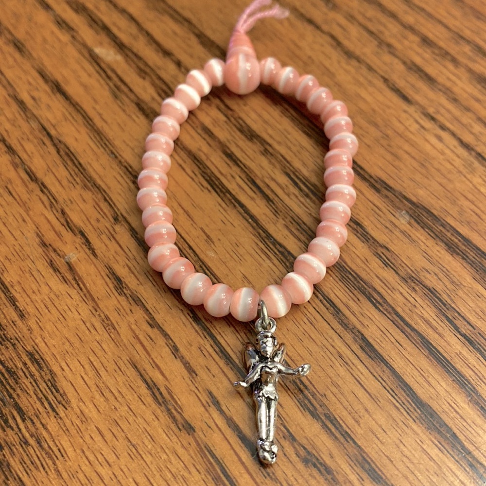 Vintage Y2K Disney Silver Tinker Bell Fairy Charm Pink Beaded Bracelet Jewelry